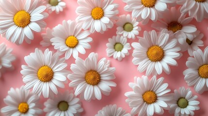 Fototapete - Creative flat lay design with white chamomile daisies on a pale pink background evoking a fresh spring or summer aesthetic Minimalist and stylish with ample space for text in a clean layout