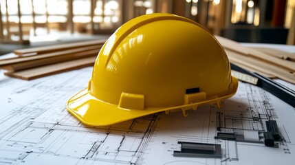 Bright yellow hard hat resting on blueprints, symbolizing safety in construction.