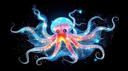 Poster - A hauntingly beautiful deep-sea octopus, its body pulsating with bioluminescent light as it camouflages into the abyss at 10,000 meters below the surface.