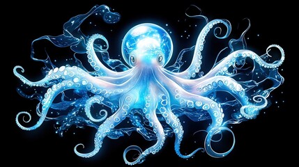 Poster - A hauntingly beautiful deep-sea octopus, its body pulsating with bioluminescent light as it camouflages into the abyss at 10,000 meters below the surface.