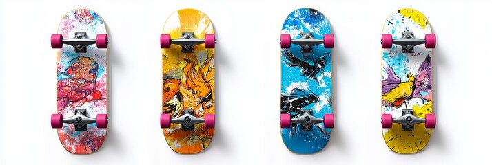 Wall Mural - Colorful Graphic Skateboard, vibrant design showcasing artistic elements, isolated against a clean white background, perfect for display or promotion