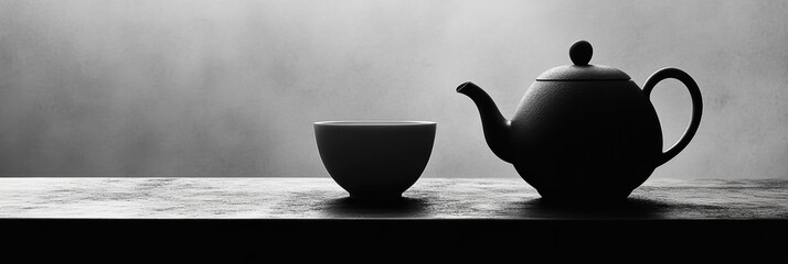 Aufkleber - A black tea kettle sits next to a white cup on a simple surface, illuminated by soft light, creating a peaceful atmosphere. Generative AI