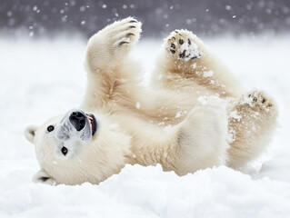 another view of polar bear rolling playfully in the snow