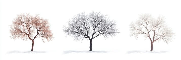 Wall Mural - Winter tree with bare branches, isolated against a white background, showcasing the stark beauty of the season's stillness.