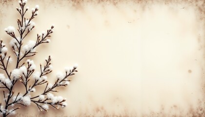 Delicate Snow-Covered Branches Against Beige Background with Ample Copy Space