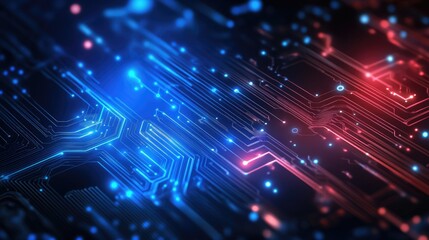 Fototapete - A vibrant display of blue and red lights forms an intricate abstract high-tech background