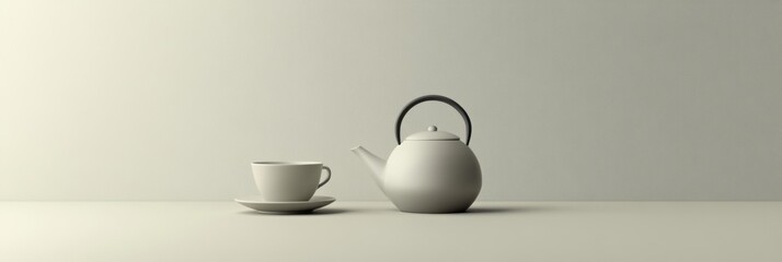 Aufkleber - A simple tea kettle rests next to a delicate cup on a plain table, illuminated by warm afternoon light that enhances the tranquility. Generative AI