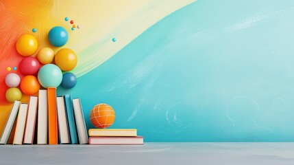 Aufkleber - A whimsical back-to-school illustration displaying multiple book icons arranged in a row on a gray table, set against a colorful chalkboard background, inviting students to dive into learning.