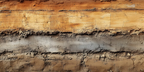 Poster - Compact layers of natural earth tones create a rammed earth wall with a fine grain dirty surface It is made of mixed soil gravel sand lime or cement over a clay background of old brown, Generative AI