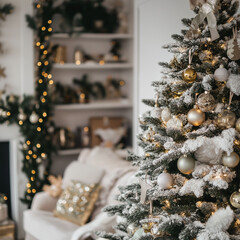 Wall Mural - interior of living room with christmas tree, sofas and glowing lights