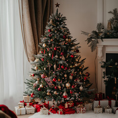 Wall Mural - interior of living room with christmas tree, sofas and glowing lights