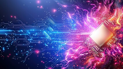 Poster - Close-up view of a motherboard with vibrant RGB lights glowing through the circuit paths, cooling fans, and memory slots.