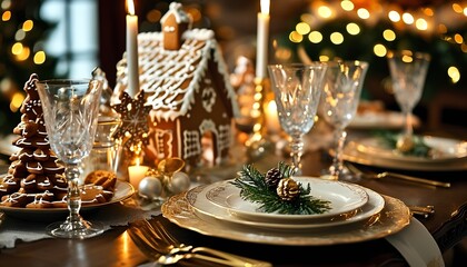 Wall Mural - A festive holiday table setting with gingerbread house elegant dinnerware and warm candles creating a cozy atmosphere for celebration and togetherness