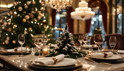 Wall Mural - Elegant holiday dining experience a festive table set for christmas celebrations with a charming tree centerpiece and soft glow of candles