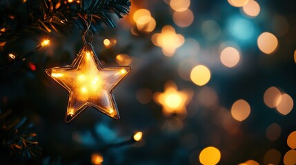 Poster - The sky sparkles with stars as colorful Christmas lights twinkle, enhancing the enchanting holiday ambiance in the air. Generative AI
