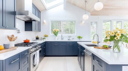 Poster - This stunning kitchen renovation captures the elegance of deep blue shaker cabinets and a sleek white quartz countertop with a waterfall edge, creating a contemporary culinary space.