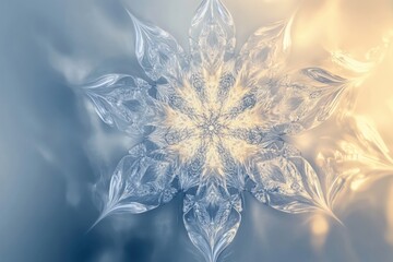 Leinwandbilder - Intricate snowflake patterns showcase symmetry and delicate details in a captivating blend of blue and gold hues. Generative AI
