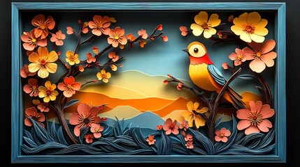 Poster - Delightful empty papercut nature icon showcased in a layered paper frame enhanced with cheerful spring colors and intricate detailing evoking the excitement of the season's blossoms
