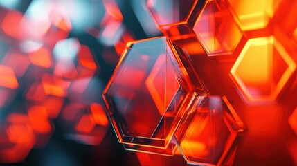 Wall Mural - A vibrant close-up of hexagonal glass shapes in red and orange hues, showcasing a colorful, modern design with a sleek texture.
