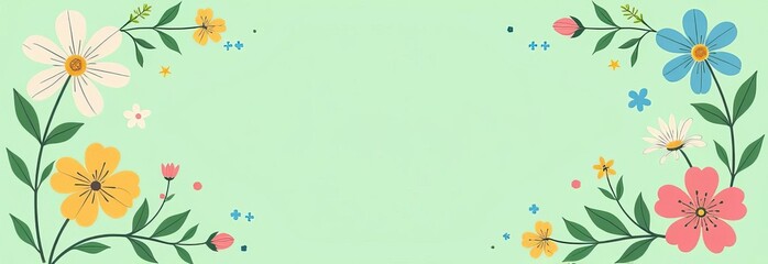 Poster - A green background with a flowery border. The flowers are in various colors and sizes. 