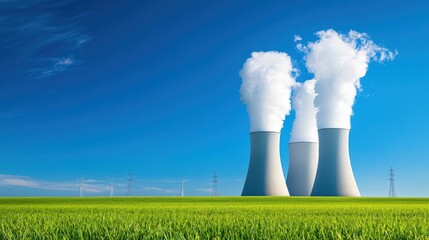 A clear blue sky surrounds nuclear cooling towers, which emit steam, highlighting energy production and environmental themes in the landscape.