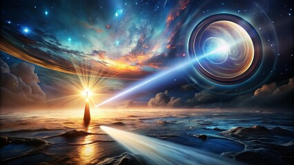 Wall Mural - a solitary lighthouse stands tall against a backdrop of a celestial sunrise, casting its beacon towa