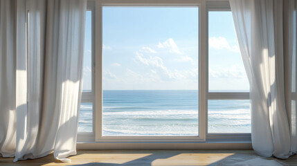 Wall Mural - breezy coastal view of the ocean framed by sheer white curtains in a bright room during a sunny day