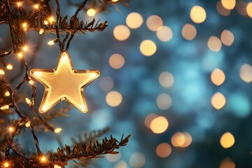 Fototapete - A glowing star ornament glimmers amidst colorful Christmas lights while a starry sky creates a magical atmosphere for the holidays. Generative AI