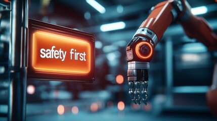 Poster - Safety First in the Automated World: A close-up of a robotic arm in a futuristic factory setting, with a glowing 