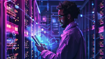 Leinwandbilder - A technician focuses on a tablet in a contemporary data center filled with server racks. The vibrant LED lights create an engaging atmosphere as he analyzes the data.