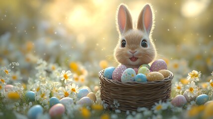 Poster - Generative AI scene with a happy Easter bunny holding a basket overflowing with colorful Easter eggs set against a soft pastel background with room for an Easter greeting or celebration text