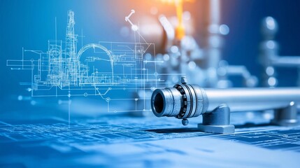 Poster - Industrial Innovation: A close-up of a gleaming metallic pipe, its intricate design overlaid with futuristic blueprints, symbolizing the merging of technology and industry.