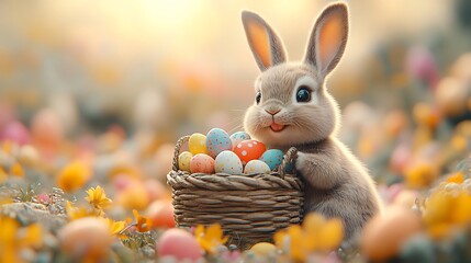 Poster - Generative AI scene with a happy Easter bunny holding a basket overflowing with colorful Easter eggs set against a soft pastel background with room for an Easter greeting or celebration text