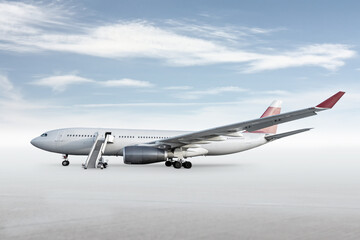 Wide body passenger airplane with boarding stairs on bright background with sky