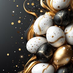 Fototapete - Happy Easter banner with glossy black and white eggs golden liquid swirls and vibrant confetti in a luxurious 3D arrangement Space for a greeting in the center on a sleek background