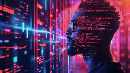 Leinwandbilder - A person wearing glasses is immersed in a vibrant digital environment, with glowing data patterns and colorful light effects enhancing the futuristic atmosphere.