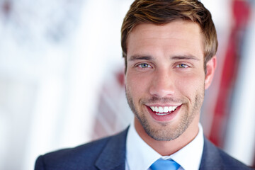 Poster - Portrait, businessman and office with happy, proud and confidence as accountant for financial agency. Male person, professional and smile for investment opportunity, portfolio and banking in company