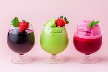 Three glasses of different colored drinks with strawberries on top. The drinks are in a row and the glasses are all different colors