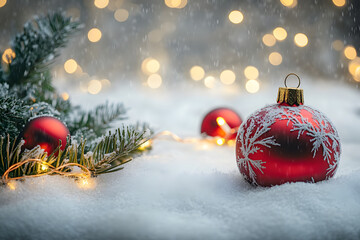 Poster - Christmas Holiday background with snow, fir tree and decorations with christmas light behind. Christmas red balls on a winter festive background.