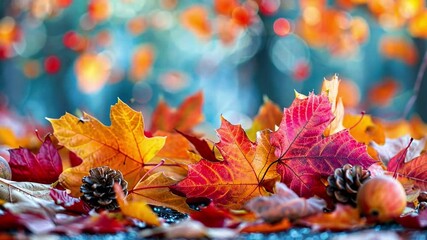 Poster - Colorful autumn leaves in shades of red, orange, and yellow blanket the forest floor, accompanied by pine cones and an apple, capturing the beauty of late October.