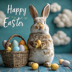 Fototapete - Joyful Easter bunny standing in front of a basket brimming with colorful eggs with a pastelcolored background featuring soft clouds and space for Happy Easter text