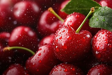 Freshly washed cherries glistening with water droplets in a vibrant display. Generative AI