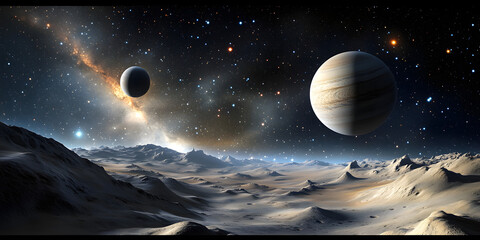 Wall Mural - a space scene with a large planet in the background and a smaller planet in the foreground. the sky 