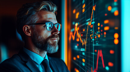 A businessman is drawing an upward-trending graph on glass with white chalk, in a close-up shot of his hand and the curved arrow pointing upwards. The background is blurred to focus attention on him