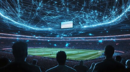 A large crowd of people watching a football match in a stadium with a futuristic digital network overlay.