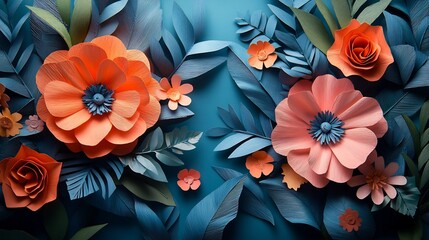 Poster - Lush arrangement of paper cut flowers and leaves creating a layered springtime scene The intricate floral design surrounds an open space for text making it perfect for a vibrant spring flyer or banner