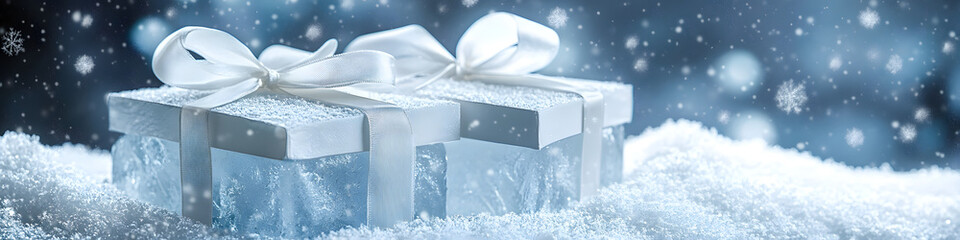 Canvas Print - Two boxes with white ribbons on top of a snowy background. The boxes are made of ice and are decorated with ribbons. Concept of winter and the joy of giving