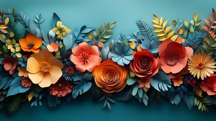 Poster - Lush arrangement of paper cut flowers and leaves creating a layered springtime scene The intricate floral design surrounds an open space for text making it perfect for a vibrant spring flyer or banner