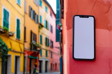 Realistic POV capture showing a hand holding a mobile phone with a blank white screen open to a messaging app interface Stock Photo with copy space

