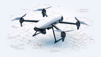 Poster - Drone Technology: A white drone with four propellers rests on a blueprint background, symbolizing the technical advancements and future possibilities of unmanned aerial vehicles.  